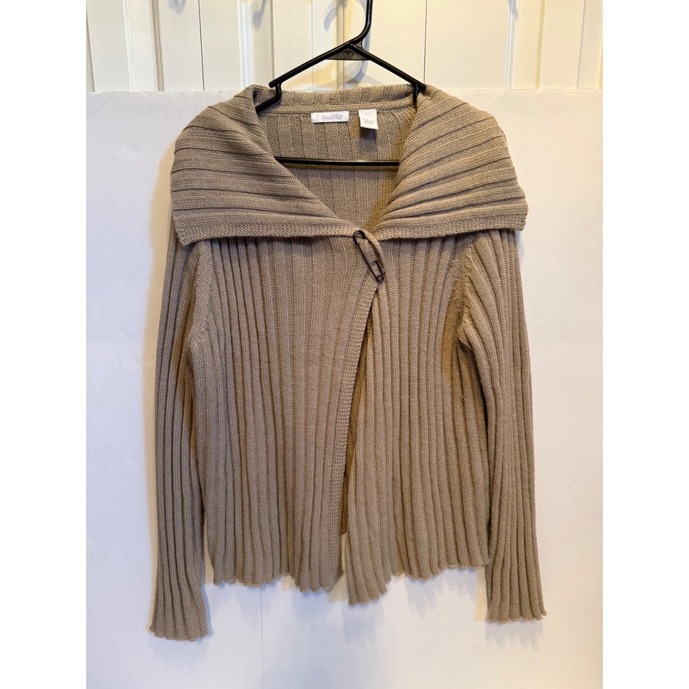 VTG Marshall Fields Tan Ribbed Wool Blend Cardigan Safety Pin Closure Large